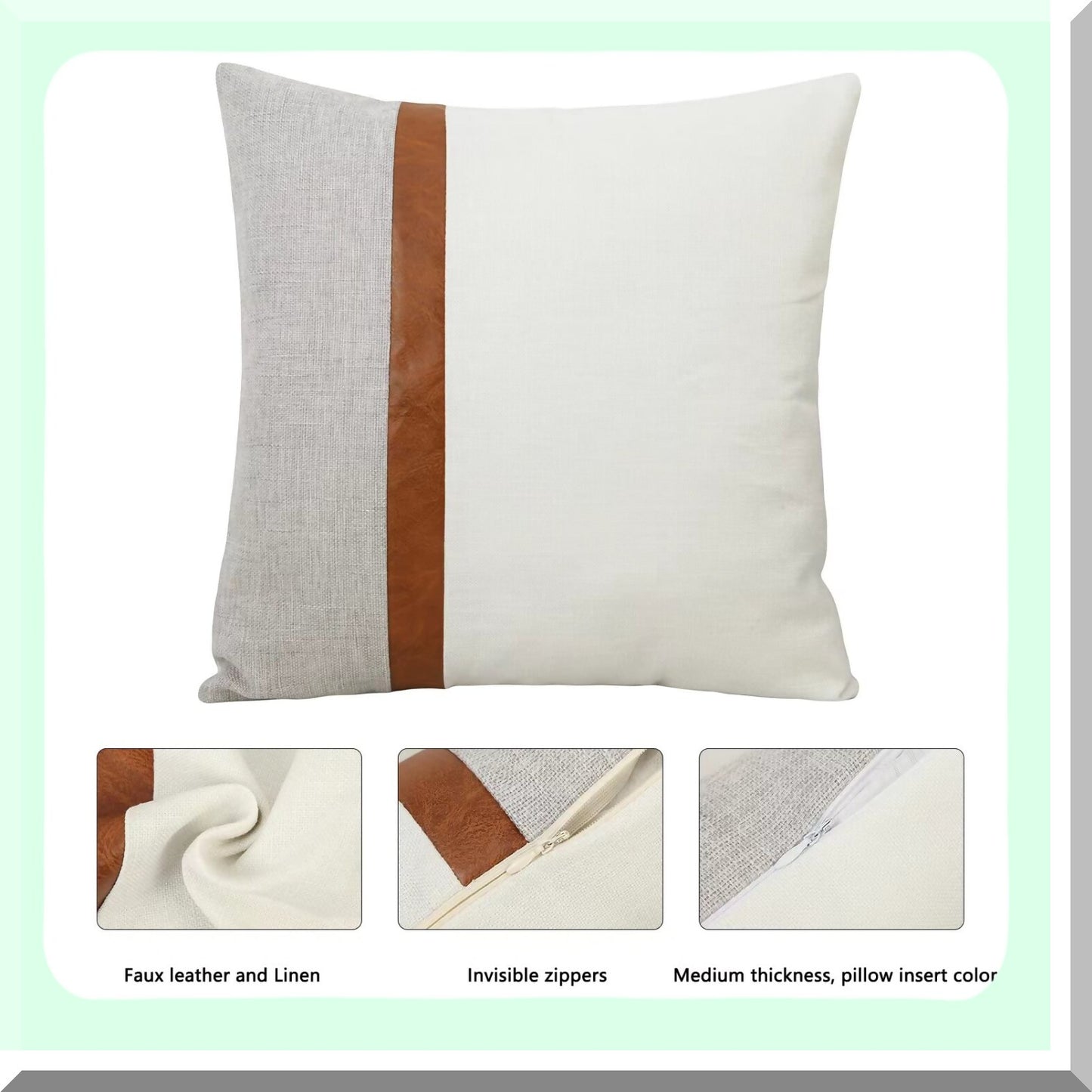 Slub Cotton Leather Throw Pillowcase Set - 20x20 Decorative Cushion Cover for Couch Sofa, White Grey - Pack of 2