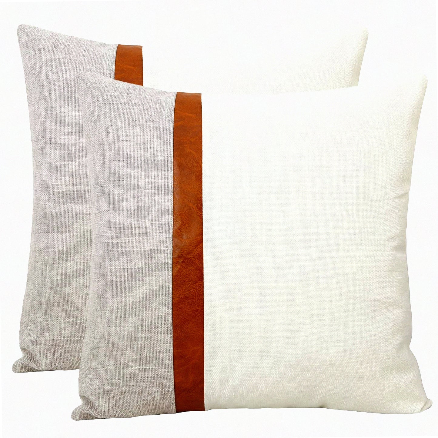 Slub Cotton Leather Throw Pillowcase Set - 20x20 Decorative Cushion Cover for Couch Sofa, White Grey - Pack of 2