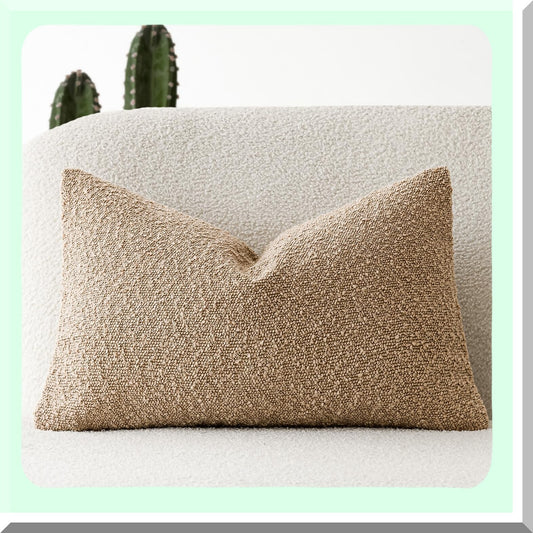 Cozy Boucle Lumbar Pillow Cover Set - Soft Textured Solid Cushion Cases for Sofa, Chair, Bedroom - Decorative Accent Throw Pillows - 12x20 Inch Taupe Khaki Camel Home Decor