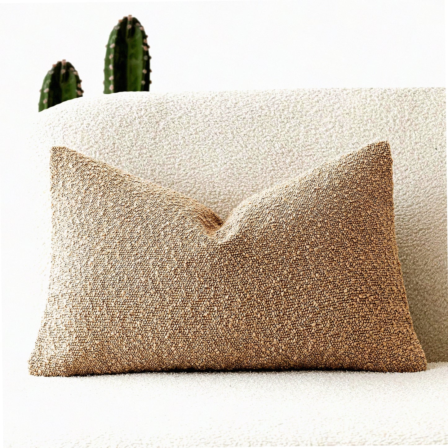 Cozy Boucle Lumbar Pillow Cover Set - Soft Textured Solid Cushion Cases for Sofa, Chair, Bedroom - Decorative Accent Throw Pillows - 12x20 Inch Taupe Khaki Camel Home Decor