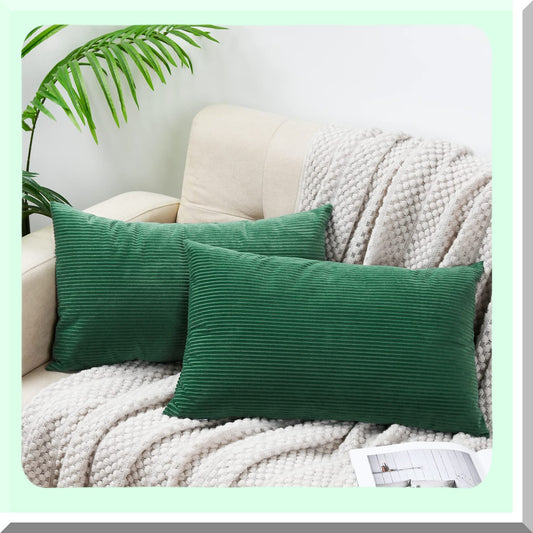 Green Corduroy Lumbar Pillow Covers - Set of 2 | 12x20 Inches Decorative Throw Pillow Covers for Couch Sofa | Rectangle Cushion Covers for Living Room