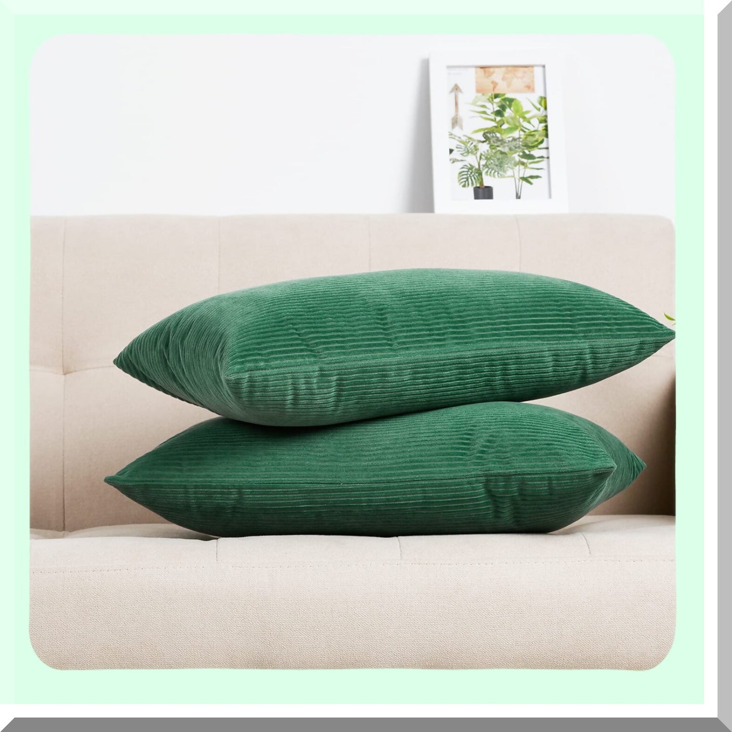 Green Corduroy Lumbar Pillow Covers - Set of 2 | 12x20 Inches Decorative Throw Pillow Covers for Couch Sofa | Rectangle Cushion Covers for Living Room