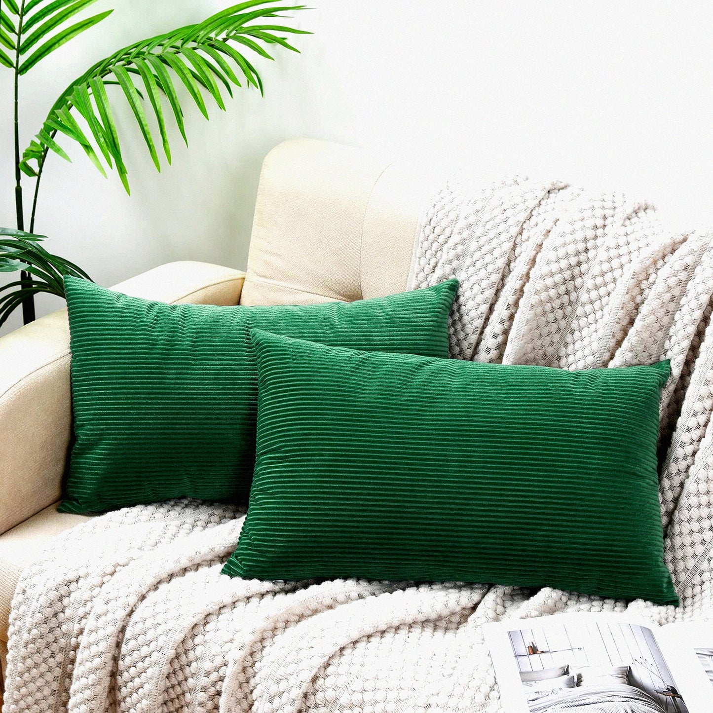 Green Corduroy Lumbar Pillow Covers - Set of 2 | 12x20 Inches Decorative Throw Pillow Covers for Couch Sofa | Rectangle Cushion Covers for Living Room