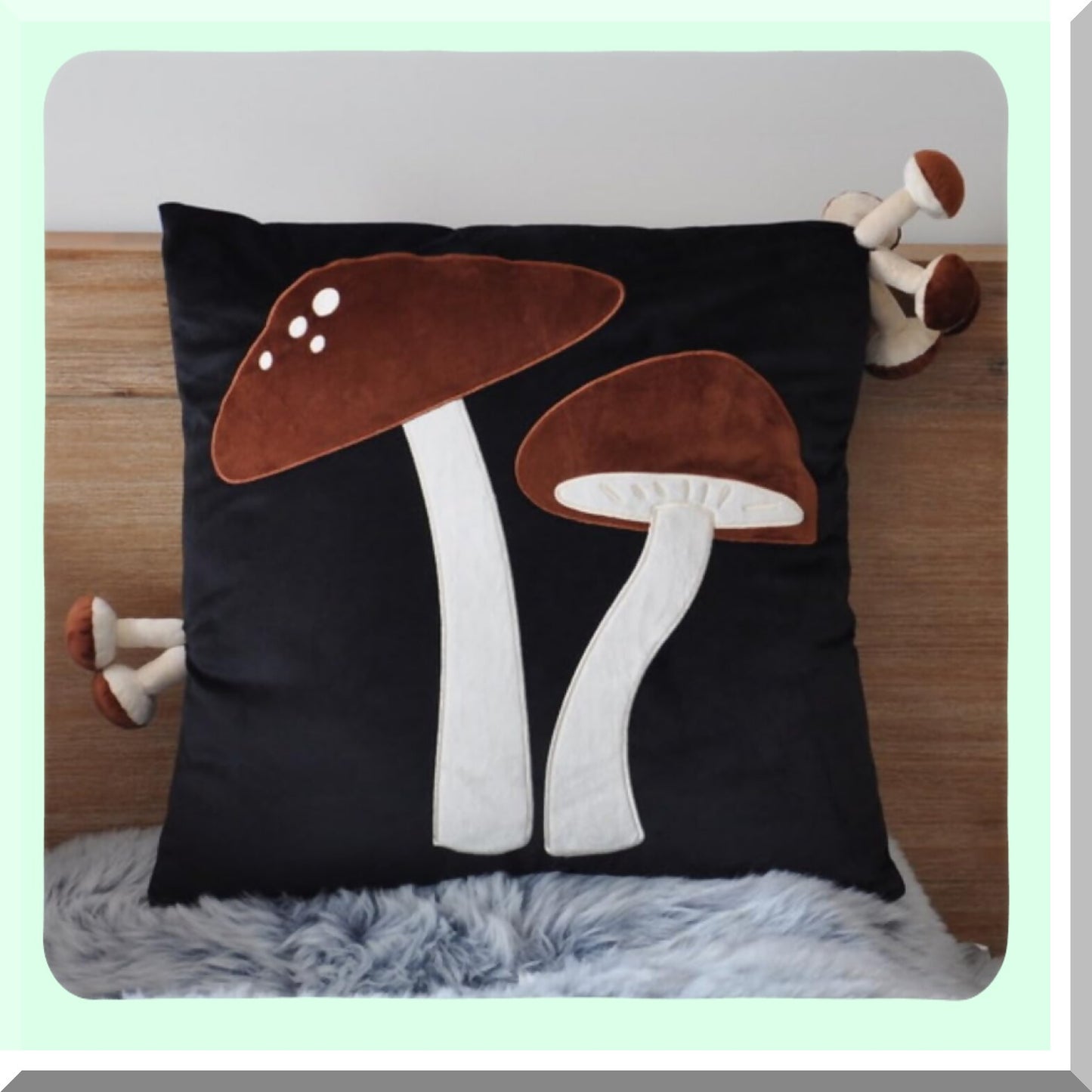 Mushroom Magic Plush Pillow Cover - Decorative Black 18x18 Inches Home Decor Cushion Pillowcase with Seven Small Mushrooms Sewed In