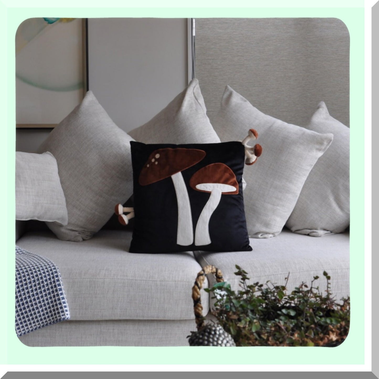 Mushroom Magic Plush Pillow Cover - Decorative Black 18x18 Inches Home Decor Cushion Pillowcase with Seven Small Mushrooms Sewed In