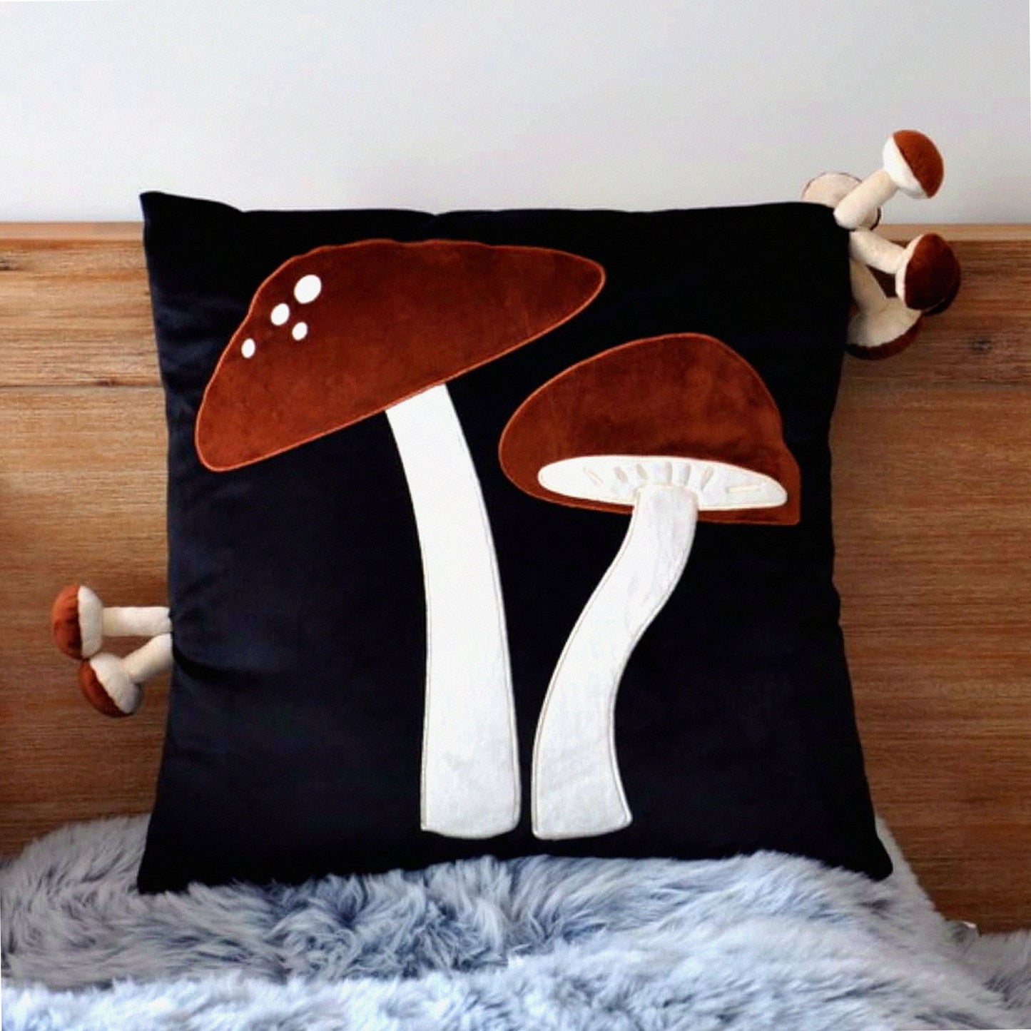 Mushroom Magic Plush Pillow Cover - Decorative Black 18x18 Inches Home Decor Cushion Pillowcase with Seven Small Mushrooms Sewed In