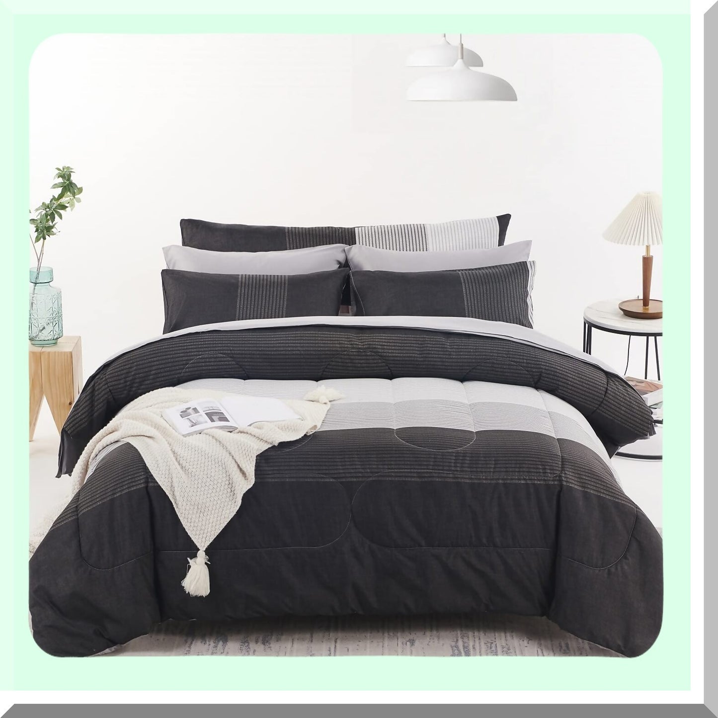Season Stripe Comforter Set - Full Bed Size - Reversible Grey/Black - Lightweight Down Alternative - 8 Piece Bedding Collection - All Season Comforter - Full Bedding Set