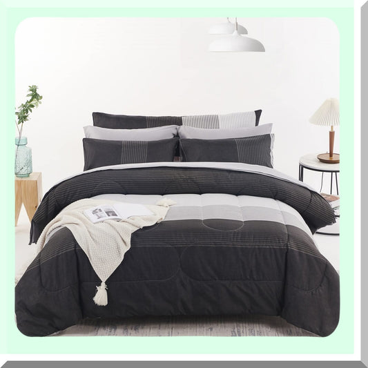 Season Stripe Comforter Set - Full Bed Size - Reversible Grey/Black - Lightweight Down Alternative - 8 Piece Bedding Collection - All Season Comforter - Full Bedding Set