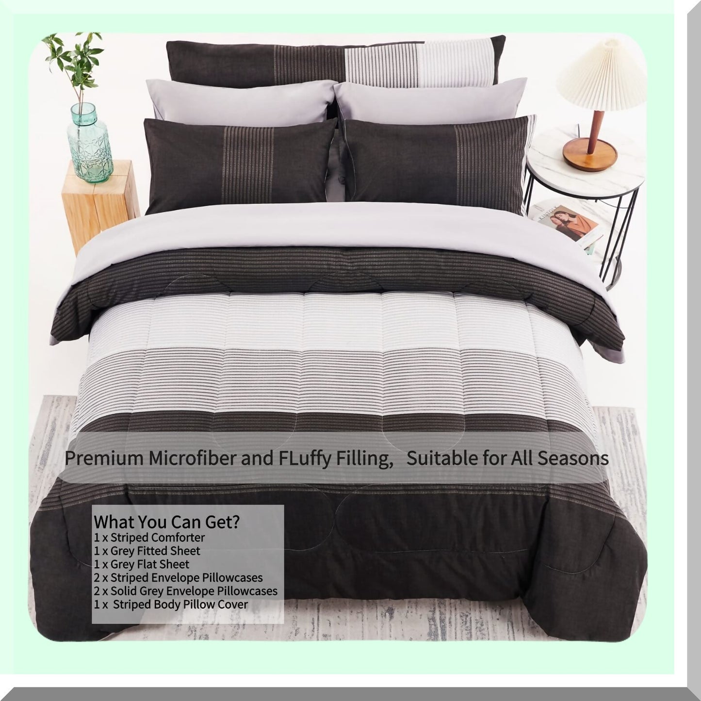 Season Stripe Comforter Set - Full Bed Size - Reversible Grey/Black - Lightweight Down Alternative - 8 Piece Bedding Collection - All Season Comforter - Full Bedding Set