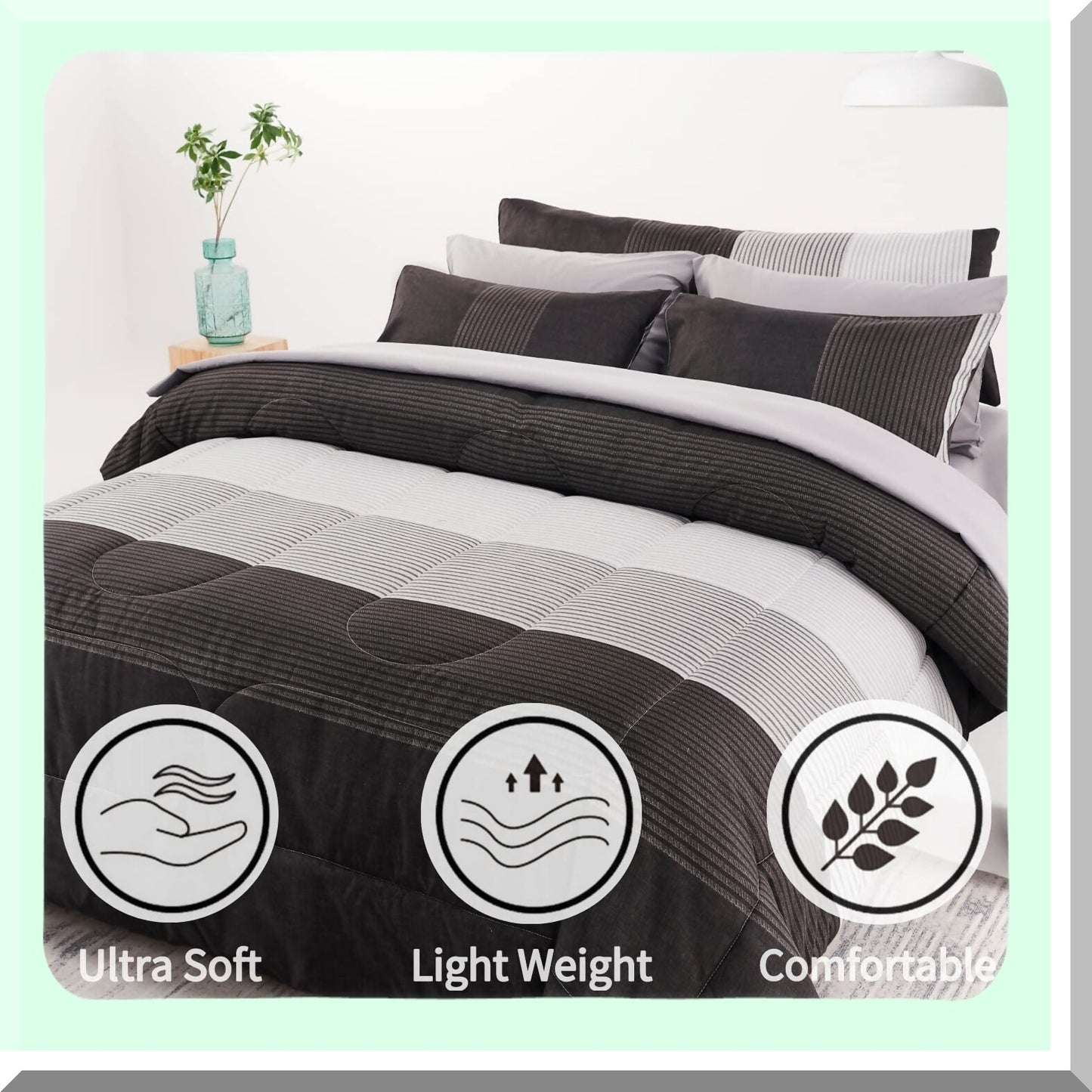 Season Stripe Comforter Set - Full Bed Size - Reversible Grey/Black - Lightweight Down Alternative - 8 Piece Bedding Collection - All Season Comforter - Full Bedding Set