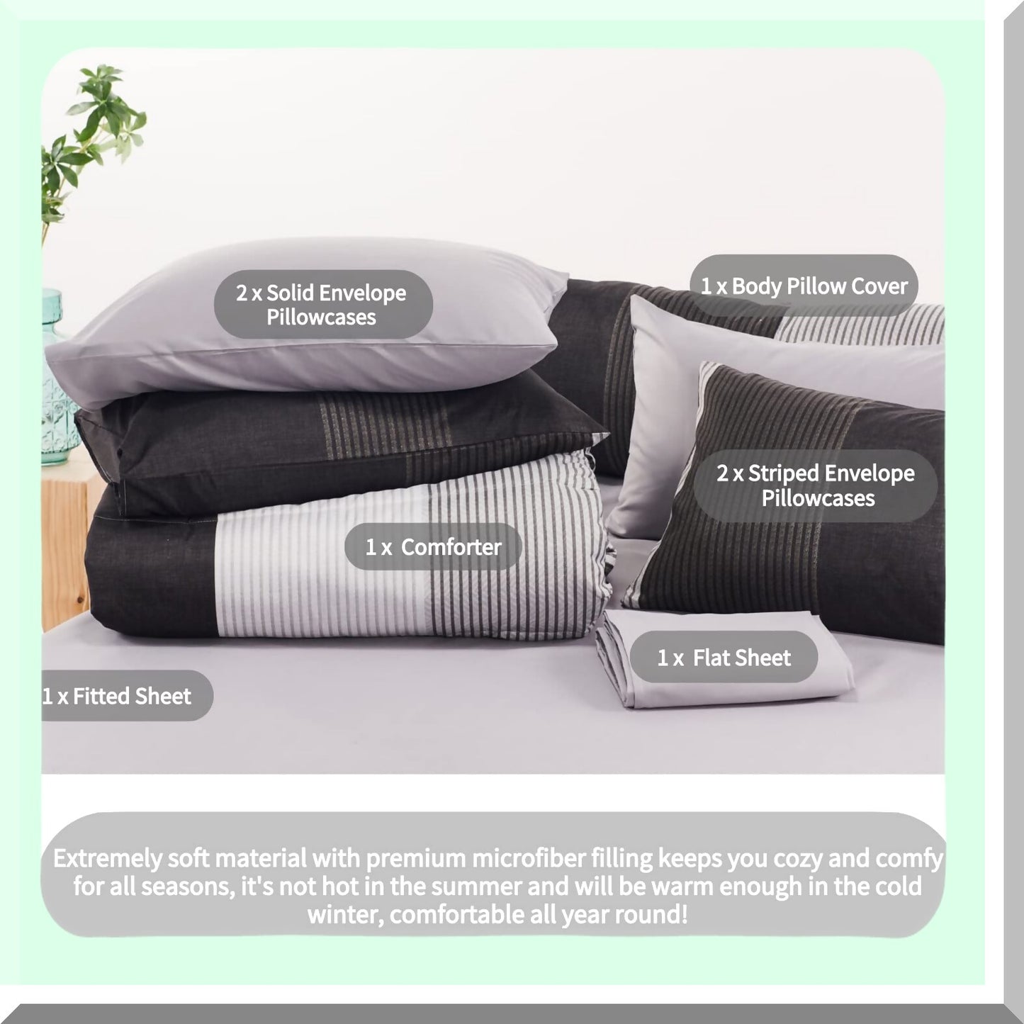 Season Stripe Comforter Set - Full Bed Size - Reversible Grey/Black - Lightweight Down Alternative - 8 Piece Bedding Collection - All Season Comforter - Full Bedding Set