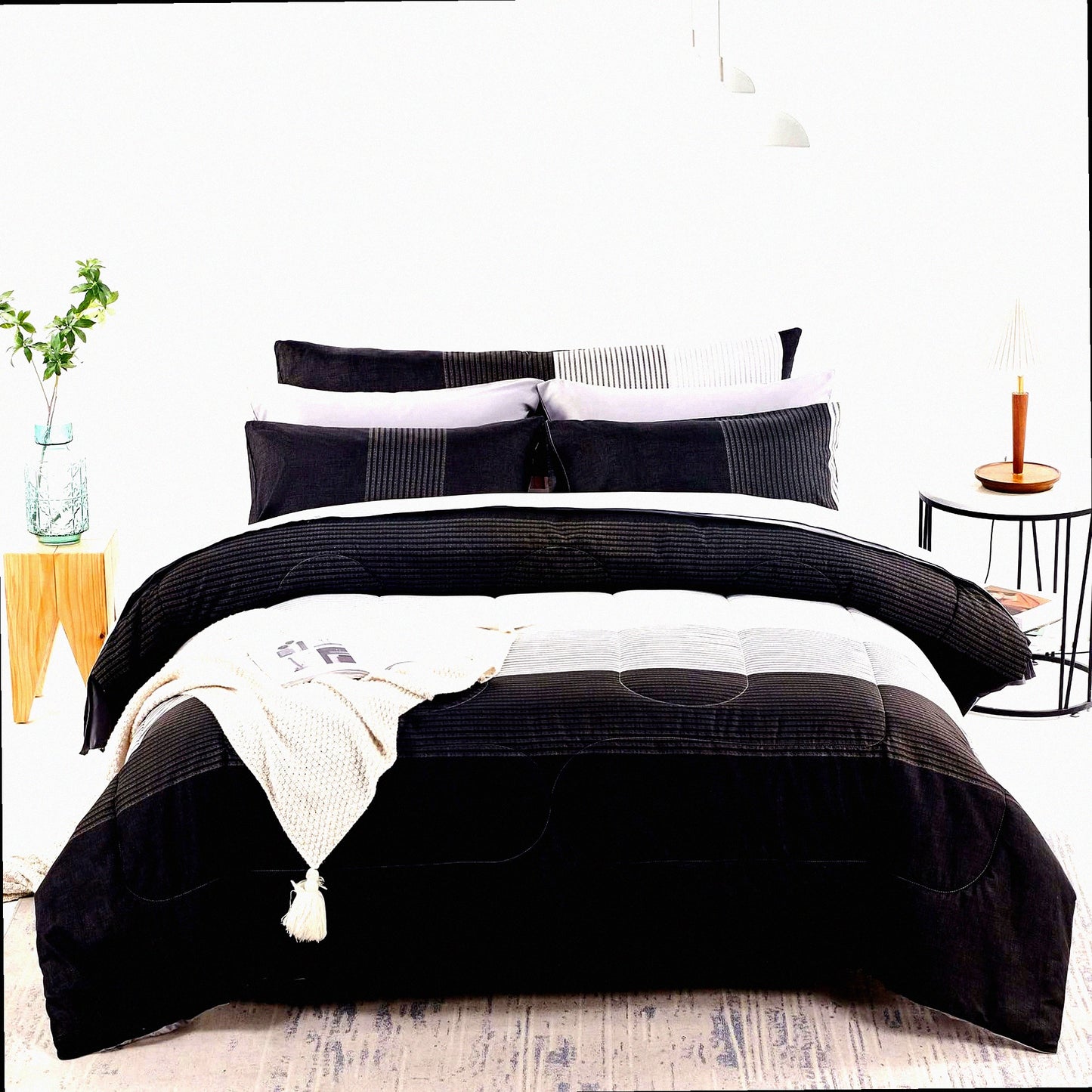 Season Stripe Comforter Set - Full Bed Size - Reversible Grey/Black - Lightweight Down Alternative - 8 Piece Bedding Collection - All Season Comforter - Full Bedding Set