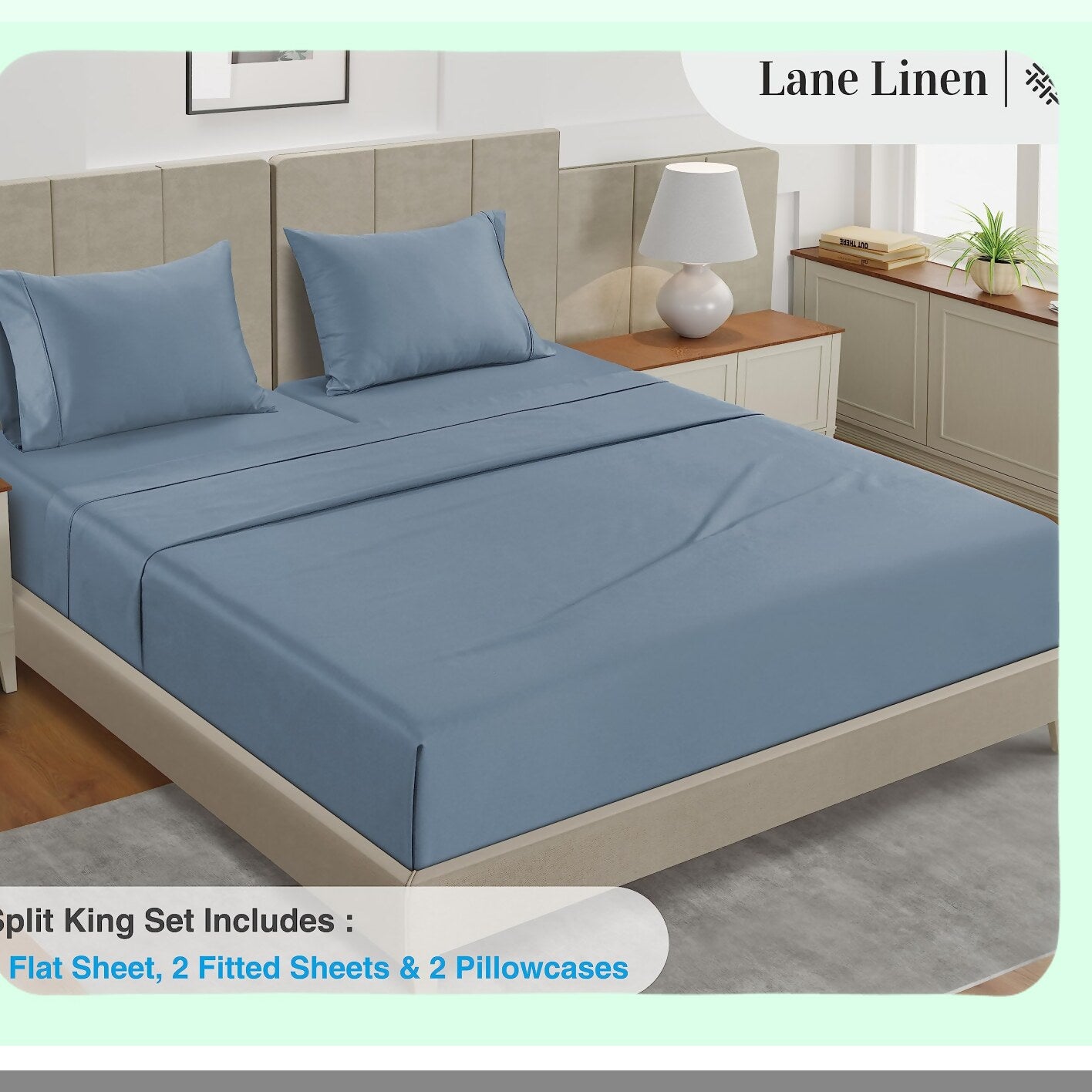 AdjustaCotton Split Sheet Set - 450 Thread Count Hotel Quality Bedding for Split Beds in French Blue. Premium Breathable Sheets & Pillowcases.