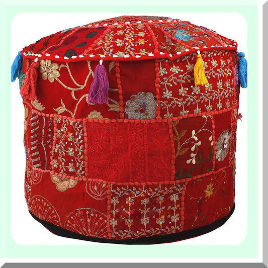 Embroidered Ethnic Cotton Pouf Cover - Red Round Ottoman Pillow Decor Art - 22x14 Pouf Footstool Cover - Ethnic Decor Pouffe Cover