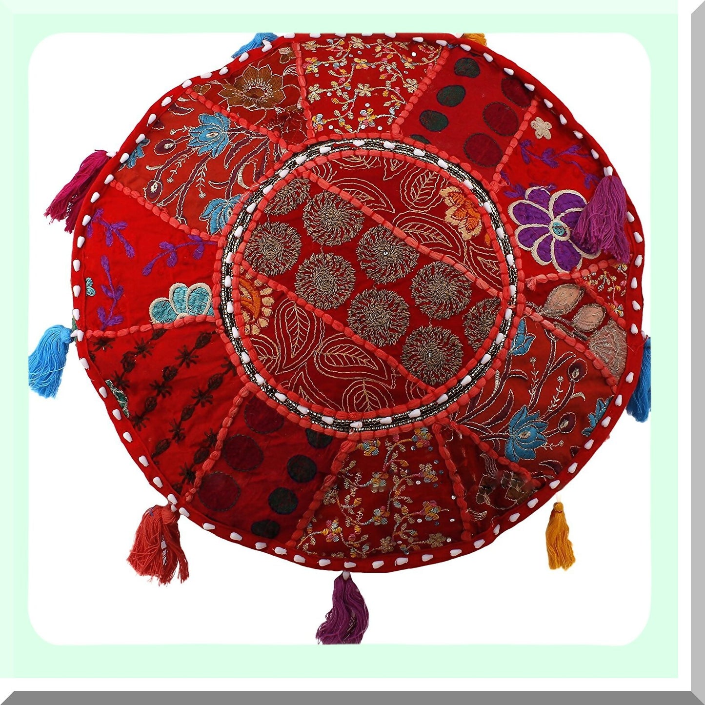 Embroidered Ethnic Cotton Pouf Cover - Red Round Ottoman Pillow Decor Art - 22x14 Pouf Footstool Cover - Ethnic Decor Pouffe Cover