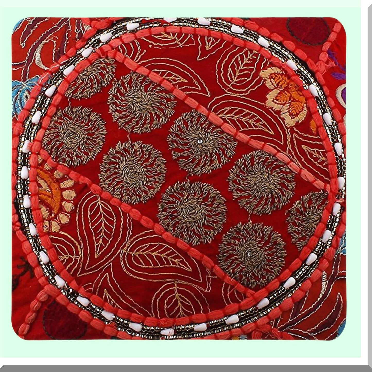 Embroidered Ethnic Cotton Pouf Cover - Red Round Ottoman Pillow Decor Art - 22x14 Pouf Footstool Cover - Ethnic Decor Pouffe Cover