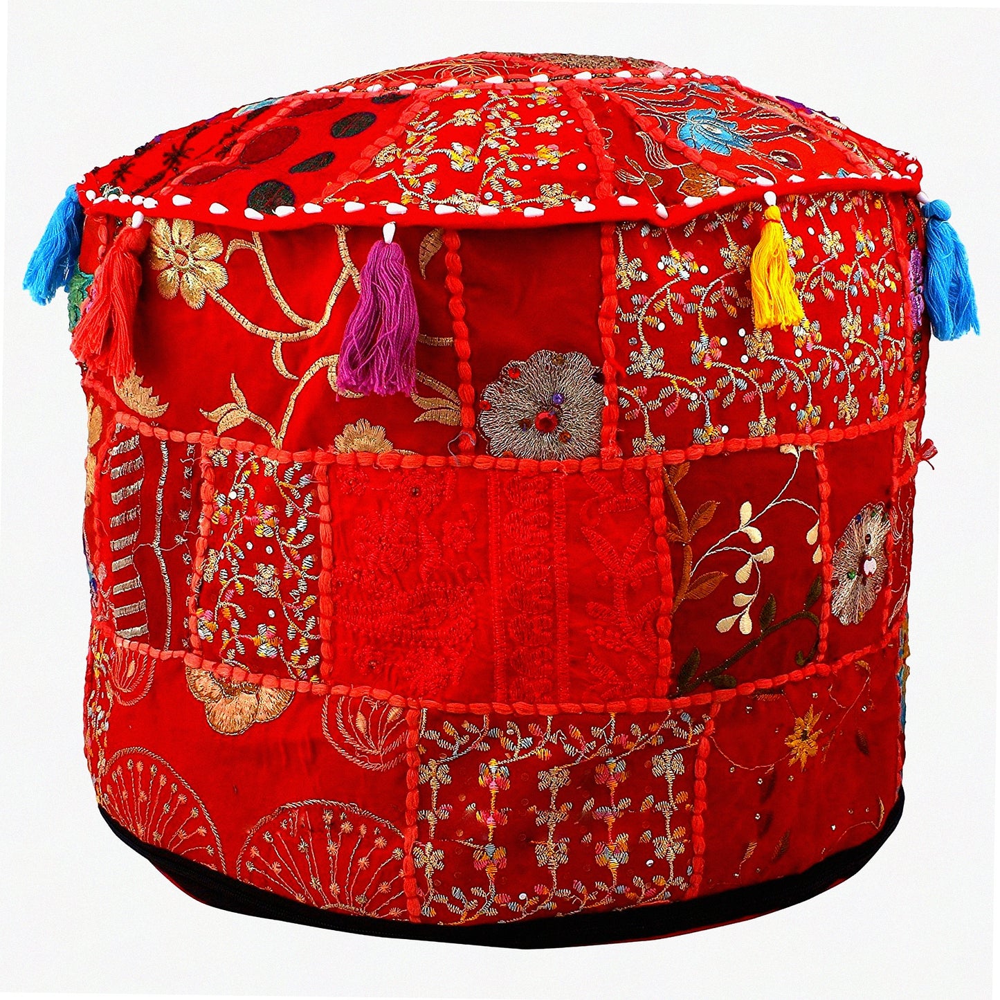 Embroidered Ethnic Cotton Pouf Cover - Red Round Ottoman Pillow Decor Art - 22x14 Pouf Footstool Cover - Ethnic Decor Pouffe Cover