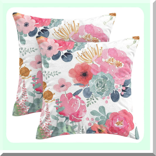 Watercolor Blossom Pillowcase Set - 18x18 Inch Floral Decorative Cushion Covers for Couch & Bed, Pink Flowers & Green Leaves Outdoor Throw Pillow Cases