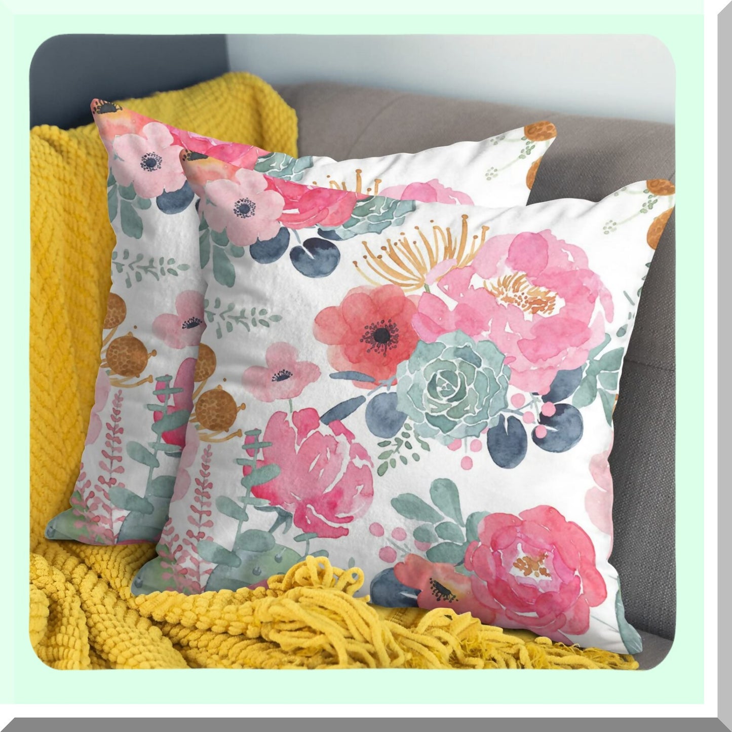 Watercolor Blossom Pillowcase Set - 18x18 Inch Floral Decorative Cushion Covers for Couch & Bed, Pink Flowers & Green Leaves Outdoor Throw Pillow Cases