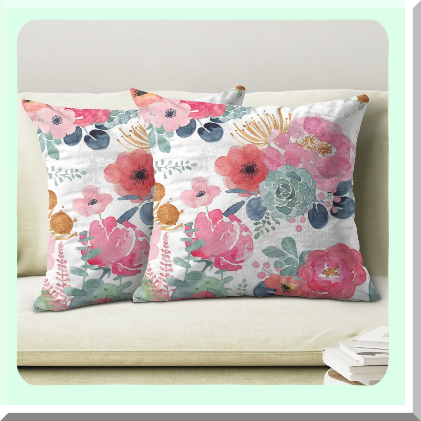 Watercolor Blossom Pillowcase Set - 18x18 Inch Floral Decorative Cushion Covers for Couch & Bed, Pink Flowers & Green Leaves Outdoor Throw Pillow Cases