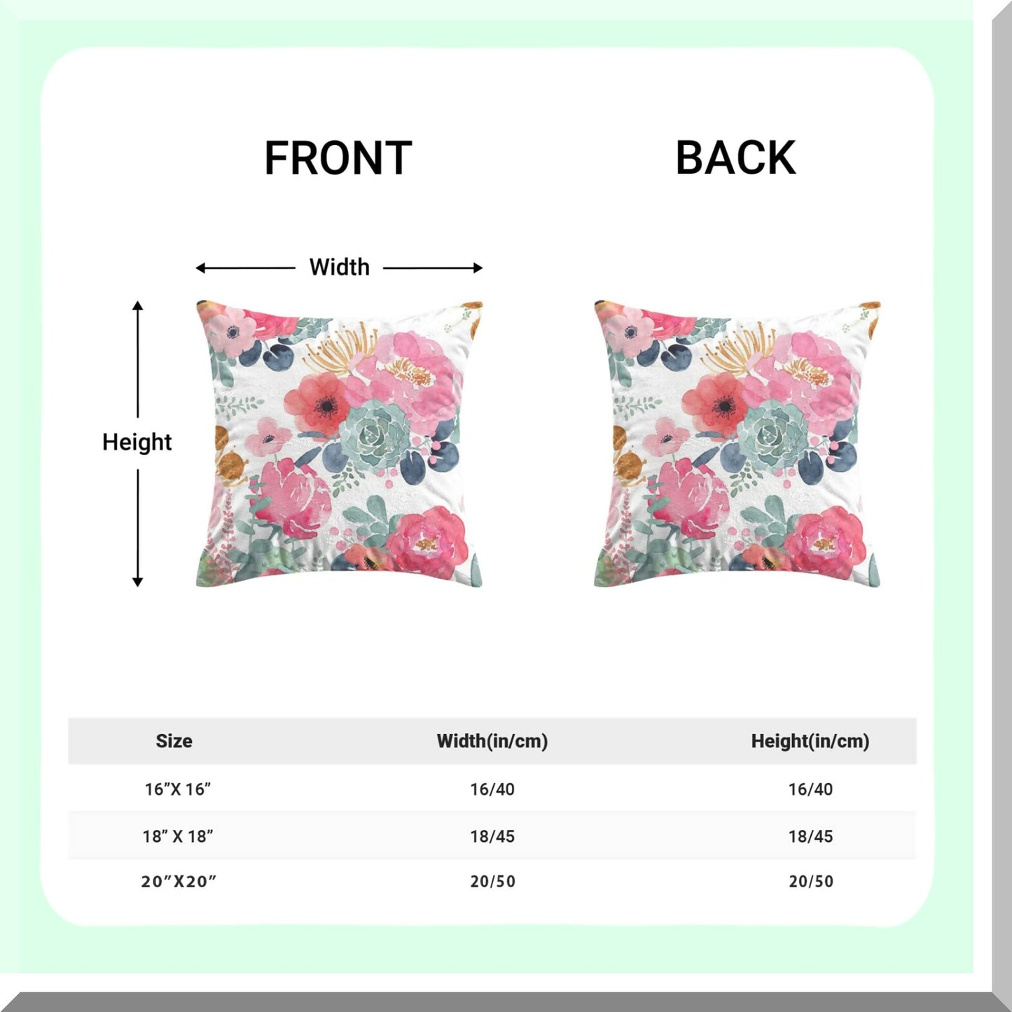 Watercolor Blossom Pillowcase Set - 18x18 Inch Floral Decorative Cushion Covers for Couch & Bed, Pink Flowers & Green Leaves Outdoor Throw Pillow Cases