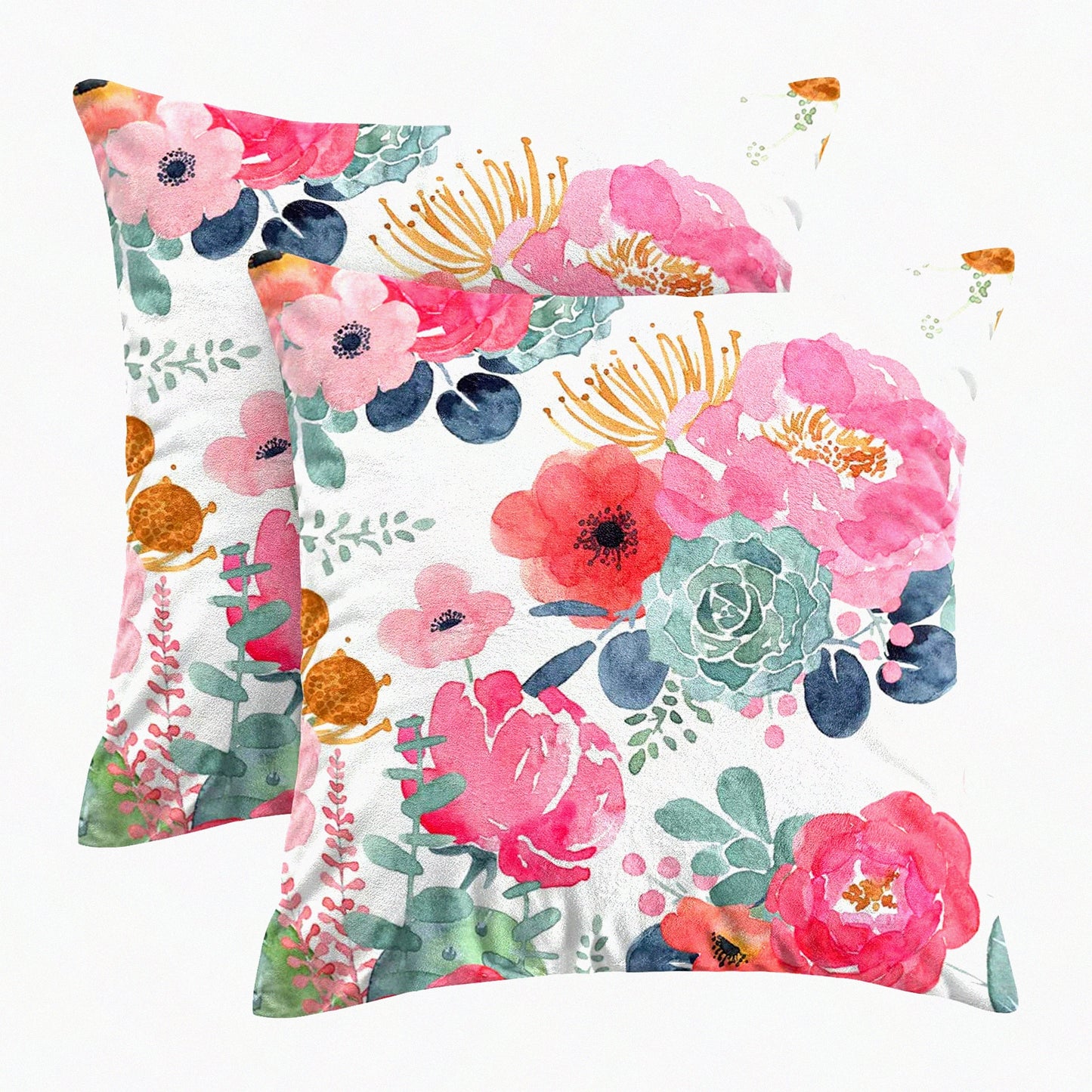 Watercolor Blossom Pillowcase Set - 18x18 Inch Floral Decorative Cushion Covers for Couch & Bed, Pink Flowers & Green Leaves Outdoor Throw Pillow Cases