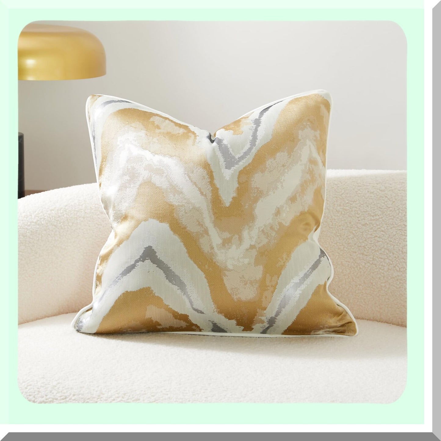 Luxury Velvet Champagne Gold Abstract Cushion Covers - Soft Cream White Piping - Decorative Pillow Covers for Sofa, Bedroom, Car - 24x24 Throw Pillows Cover