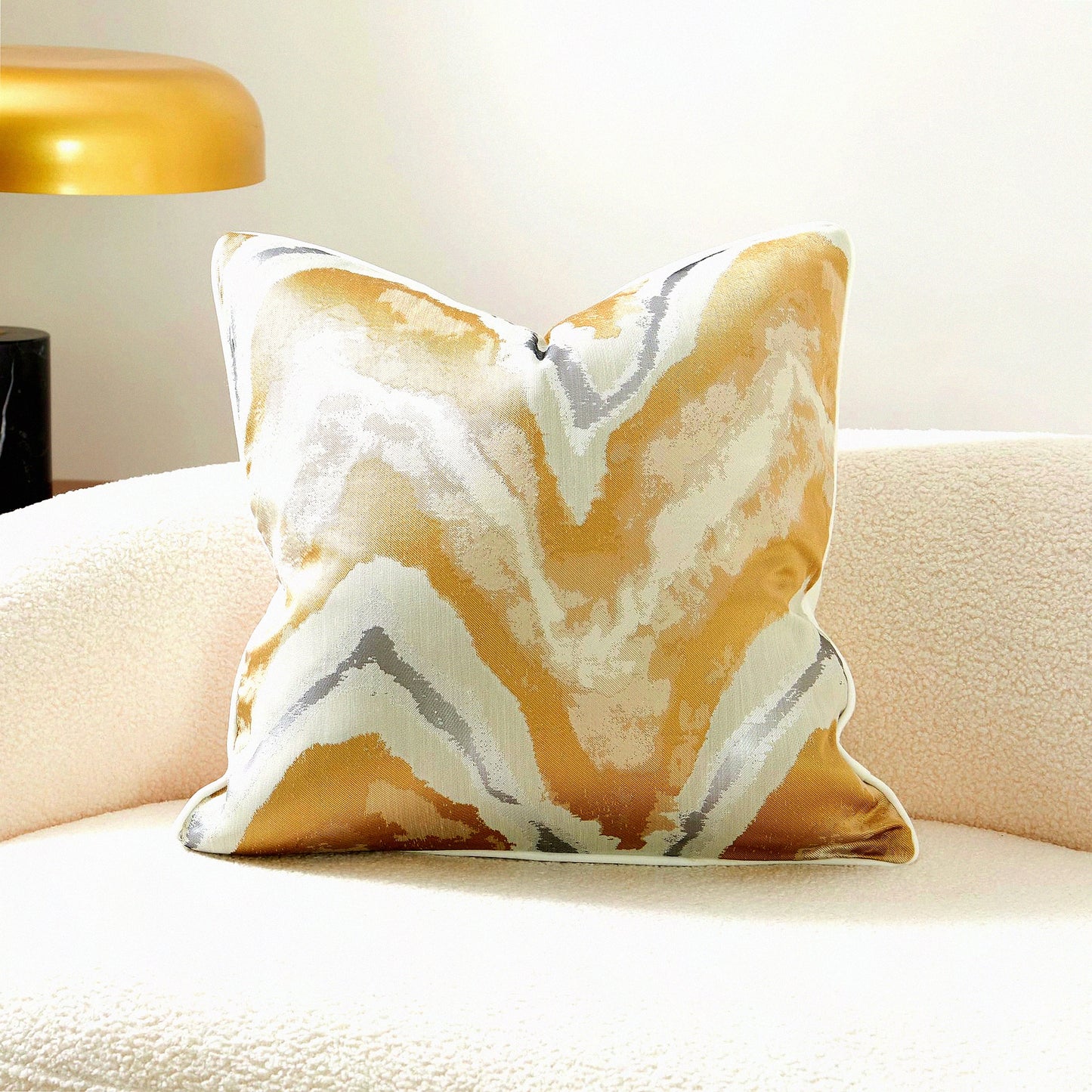 Luxury Velvet Champagne Gold Abstract Cushion Covers - Soft Cream White Piping - Decorative Pillow Covers for Sofa, Bedroom, Car - 24x24 Throw Pillows Cover