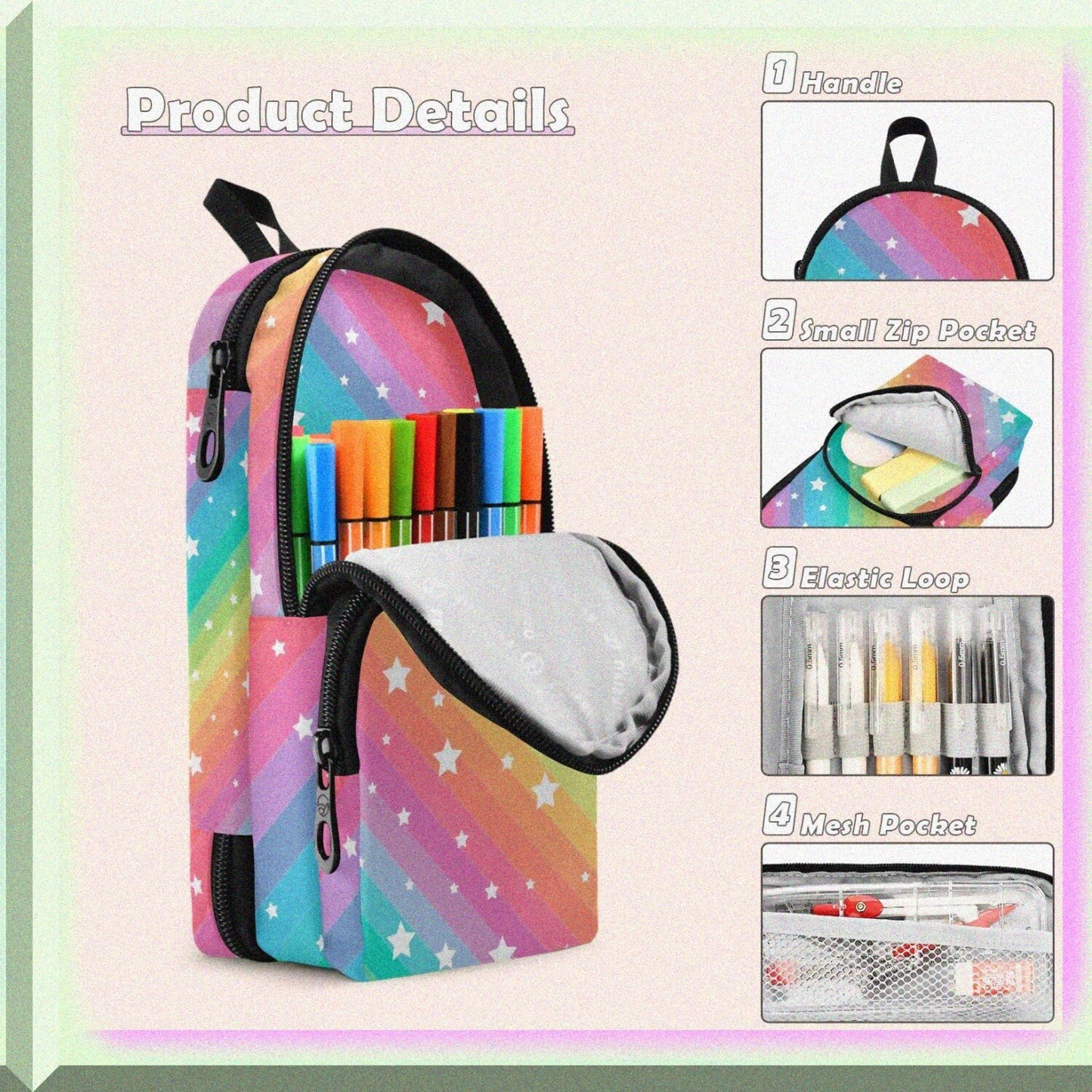 Rainbow Star 3-Compartment Pencil Bag 9.2x3.9x3.1 inches