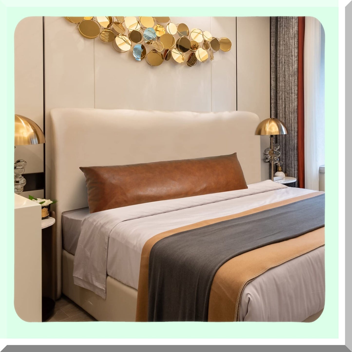 Premium Leather Luxe Body Pillow Cover - 21 x 54 Inch Vegan Brown Decorative Long Pillowcase for Farmhouse Sofa Couch Bed Living Room