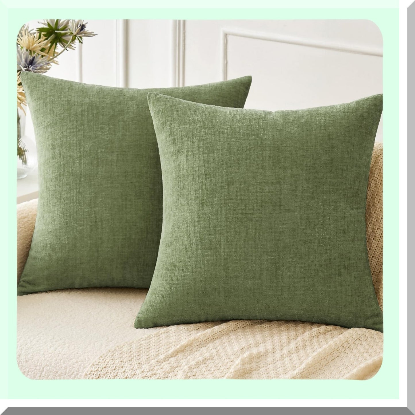Spring Sage Chenille Pillow Covers - Set of 2 18x18 Inch Soft Green Sofa Throw Pillow Cases for Living Room Décor - Solid Dyed Cushion Covers