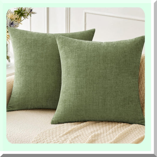 Spring Sage Chenille Pillow Covers - Set of 2 18x18 Inch Soft Green Sofa Throw Pillow Cases for Living Room Décor - Solid Dyed Cushion Covers