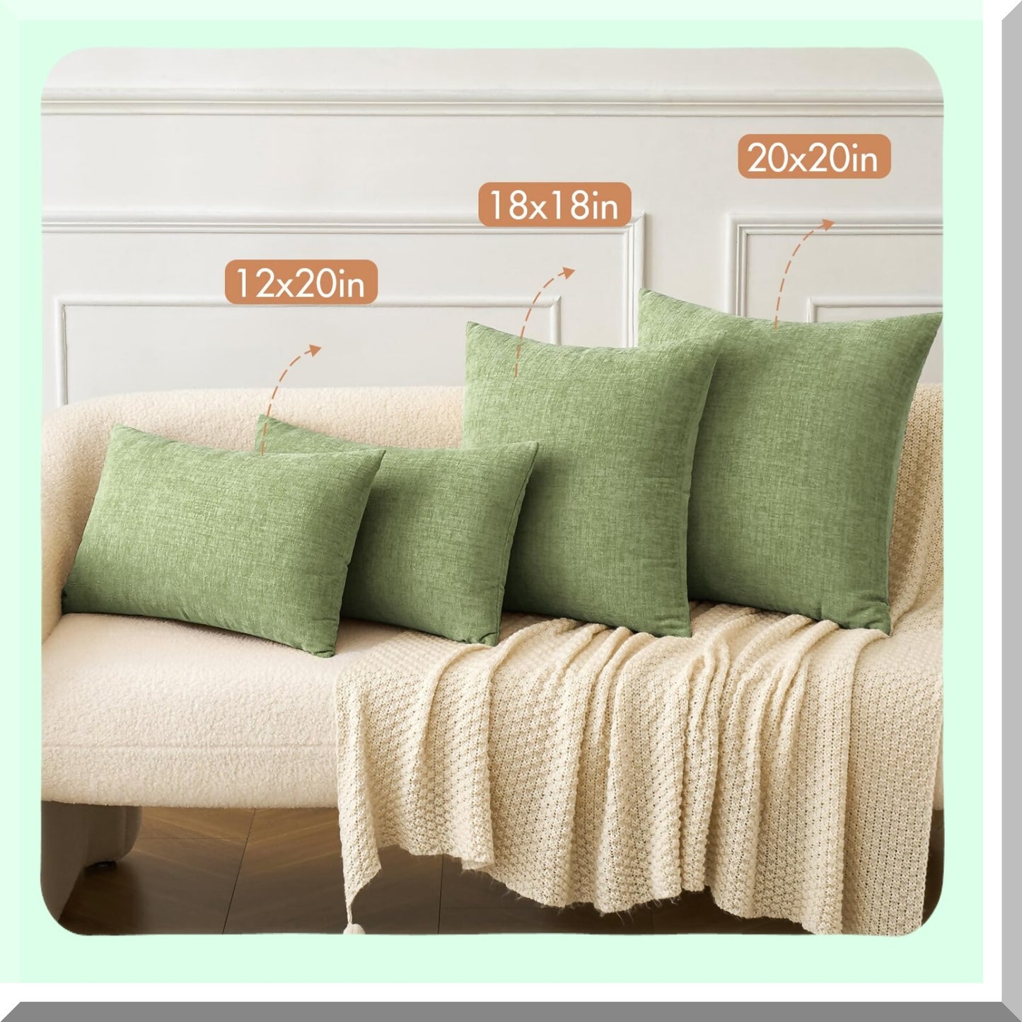 Spring Sage Chenille Pillow Covers - Set of 2 18x18 Inch Soft Green Sofa Throw Pillow Cases for Living Room Décor - Solid Dyed Cushion Covers