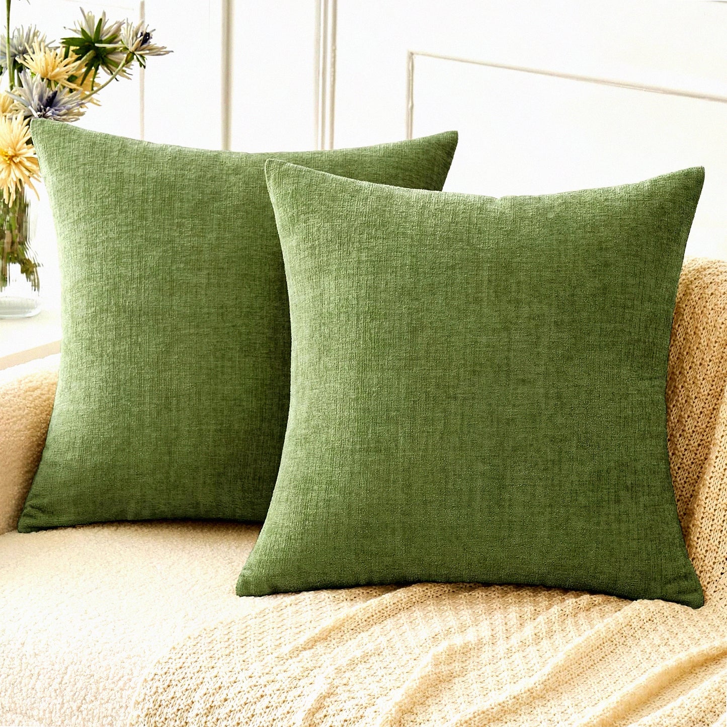 Spring Sage Chenille Pillow Covers - Set of 2 18x18 Inch Soft Green Sofa Throw Pillow Cases for Living Room Décor - Solid Dyed Cushion Covers