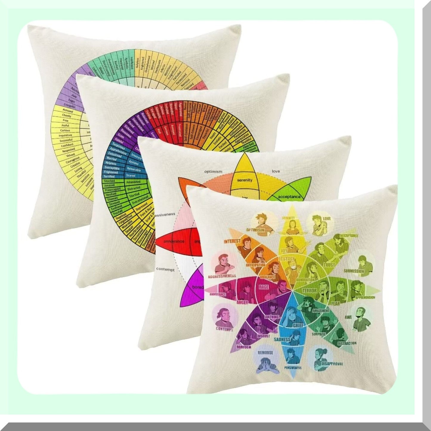 Emotion Wheel Linen Pillowcase Set - Therapist Office Decor - Square Decorative Cushion Cover for Home Living Room Sofa - 16x16 Inch - Set of 4