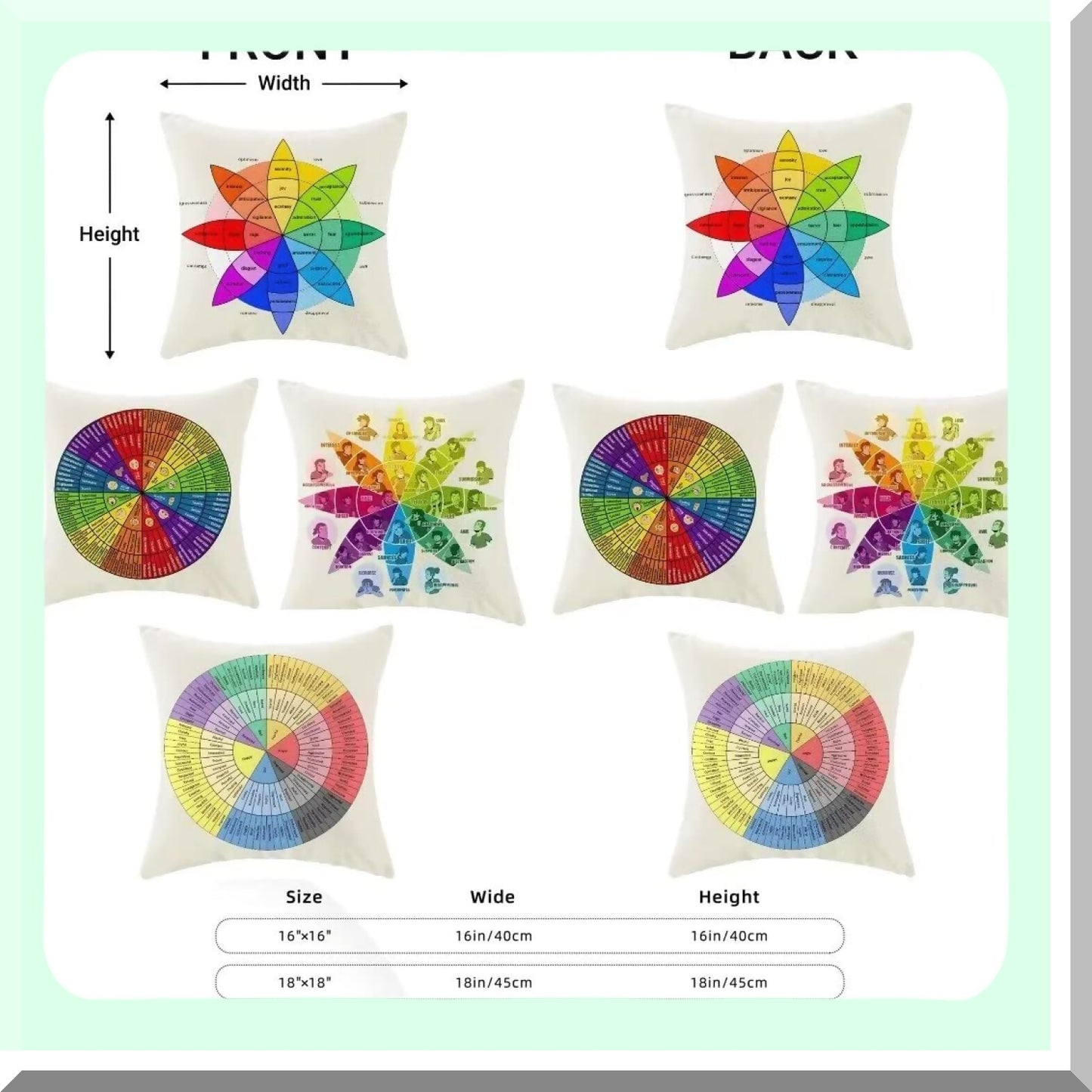 Emotion Wheel Linen Pillowcase Set - Therapist Office Decor - Square Decorative Cushion Cover for Home Living Room Sofa - 16x16 Inch - Set of 4