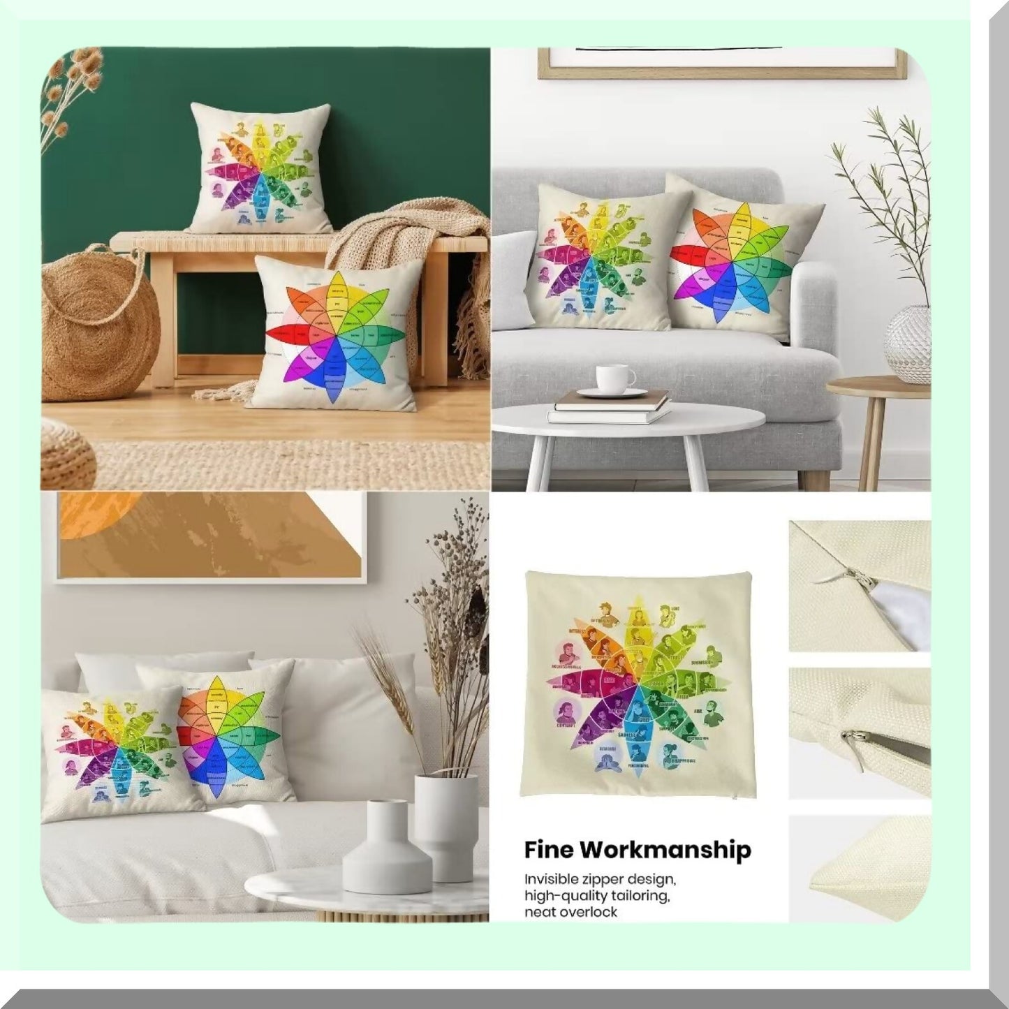 Emotion Wheel Linen Pillowcase Set - Therapist Office Decor - Square Decorative Cushion Cover for Home Living Room Sofa - 16x16 Inch - Set of 4