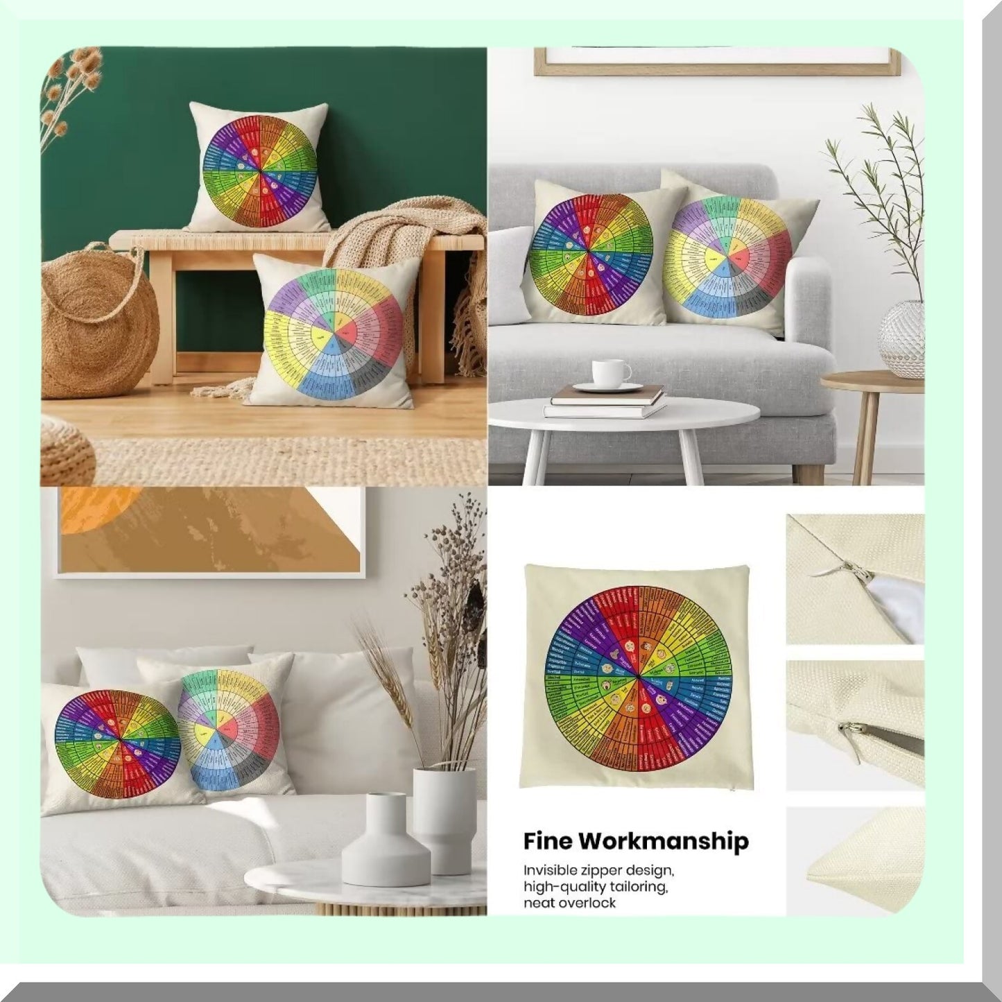 Emotion Wheel Linen Pillowcase Set - Therapist Office Decor - Square Decorative Cushion Cover for Home Living Room Sofa - 16x16 Inch - Set of 4