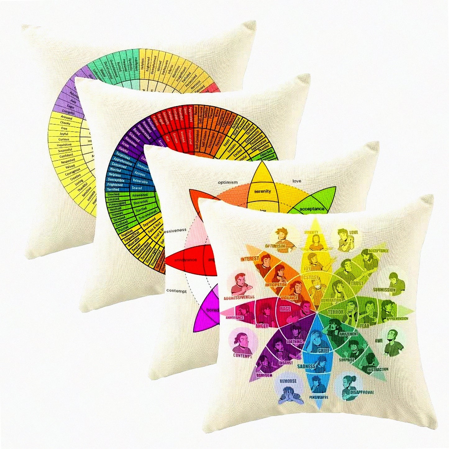 Emotion Wheel Linen Pillowcase Set - Therapist Office Decor - Square Decorative Cushion Cover for Home Living Room Sofa - 16x16 Inch - Set of 4