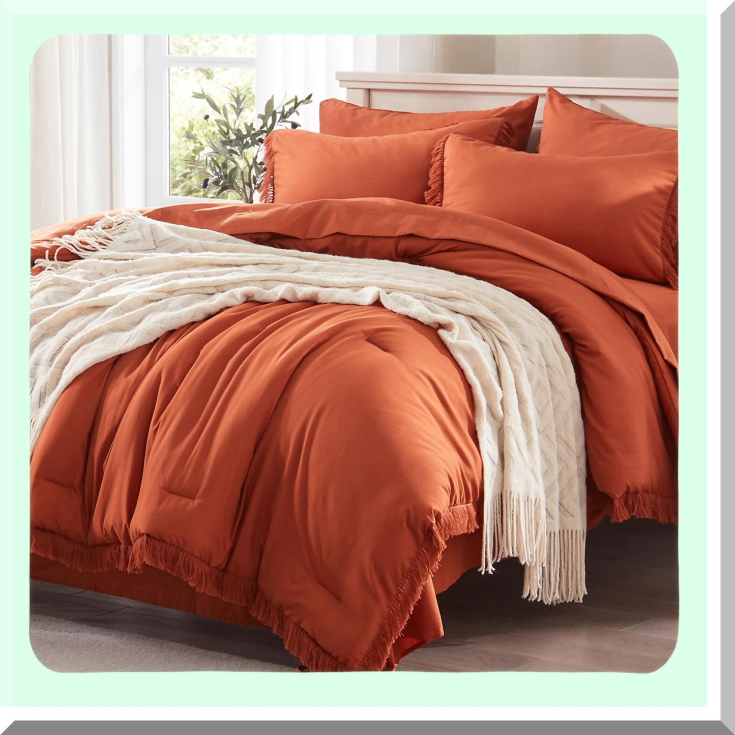 Terracotta Boho Queen Bedding Set - 7 Piece Comforter Set with Sheets, Burnt Orange Bed in a Bag for All Seasons - Stylish Queen Size Bed Set