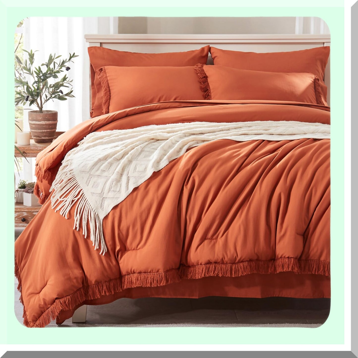 Terracotta Boho Queen Bedding Set - 7 Piece Comforter Set with Sheets, Burnt Orange Bed in a Bag for All Seasons - Stylish Queen Size Bed Set