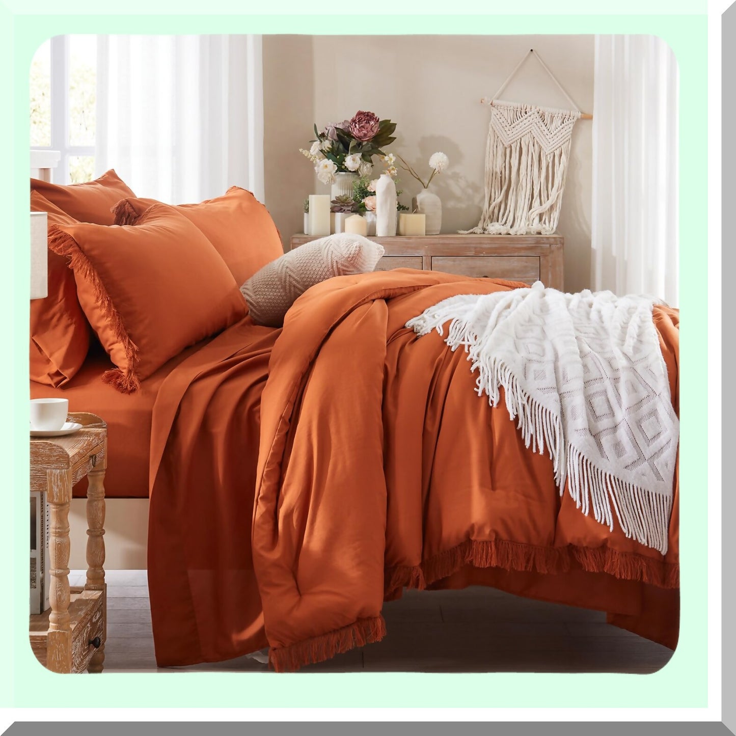 Terracotta Boho Queen Bedding Set - 7 Piece Comforter Set with Sheets, Burnt Orange Bed in a Bag for All Seasons - Stylish Queen Size Bed Set