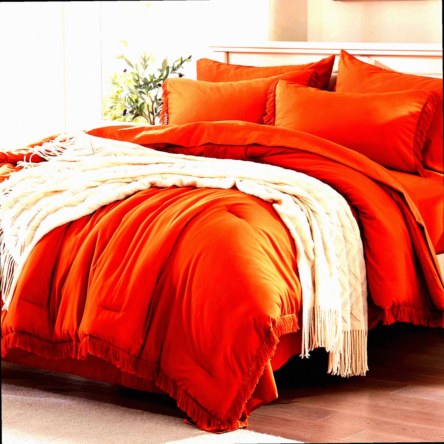 Terracotta Boho Queen Bedding Set - 7 Piece Comforter Set with Sheets, Burnt Orange Bed in a Bag for All Seasons - Stylish Queen Size Bed Set