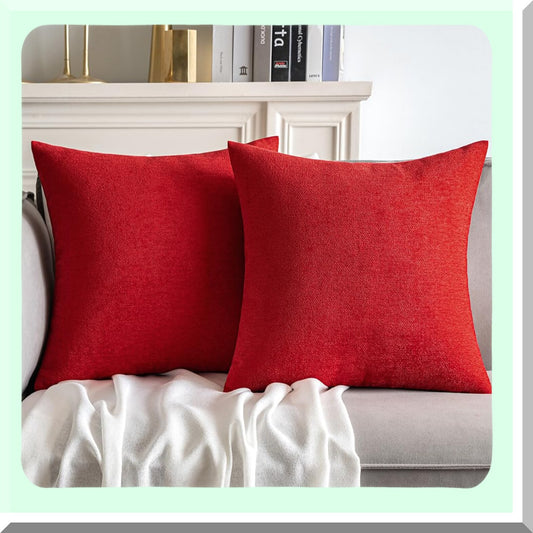 Chenille Farmhouse Pillow Covers - Set of 2 Red 18x18 Inch Decorative Cushion Covers for Spring Home Decor, Soft Throw Pillows for Couch, Sofa, Bedroom, Living Room