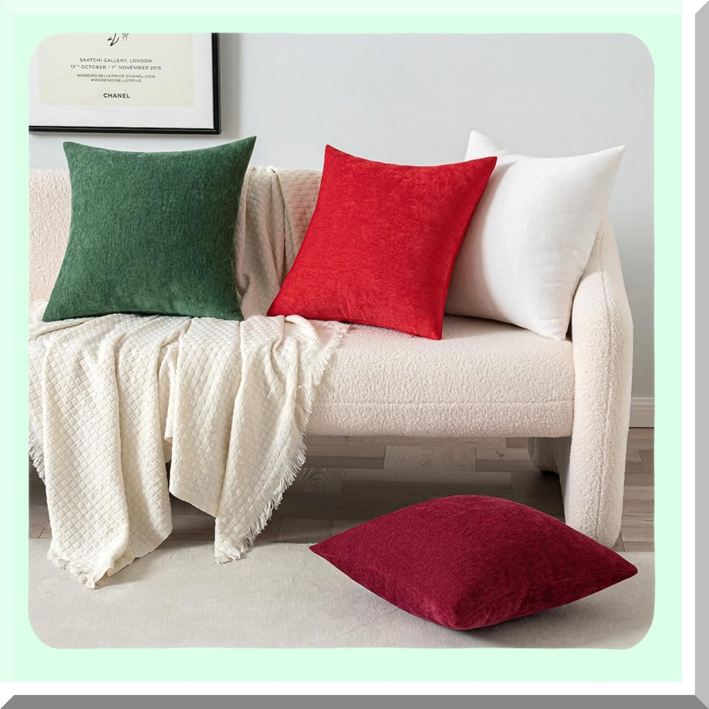 Chenille Farmhouse Pillow Covers - Set of 2 Red 18x18 Inch Decorative Cushion Covers for Spring Home Decor, Soft Throw Pillows for Couch, Sofa, Bedroom, Living Room