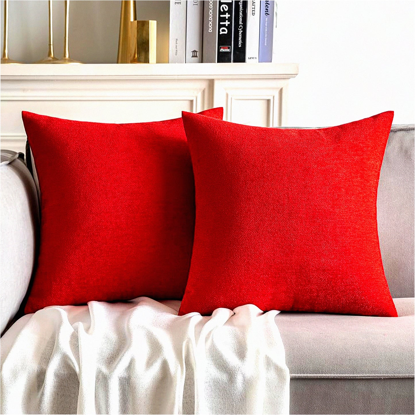 Chenille Farmhouse Pillow Covers - Set of 2 Red 18x18 Inch Decorative Cushion Covers for Spring Home Decor, Soft Throw Pillows for Couch, Sofa, Bedroom, Living Room