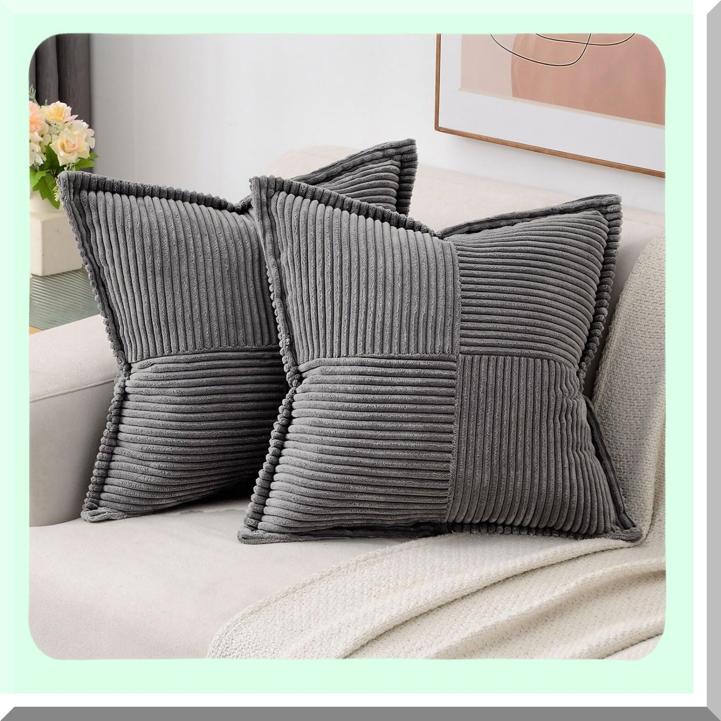 Cozy Corduroy Stripe Pillow Covers - Set of 2, 20x20 Inch Dark Grey Square Cushion Cases for Winter Home Decor - Soft & Stylish Bordered Design
