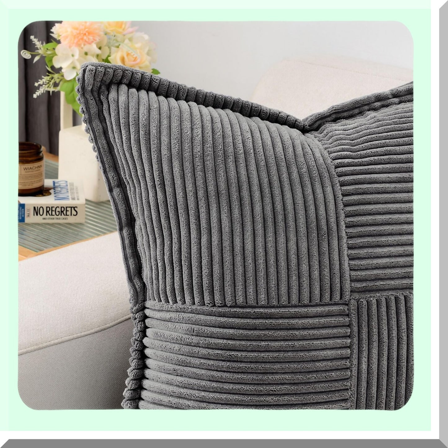 Cozy Corduroy Stripe Pillow Covers - Set of 2, 20x20 Inch Dark Grey Square Cushion Cases for Winter Home Decor - Soft & Stylish Bordered Design