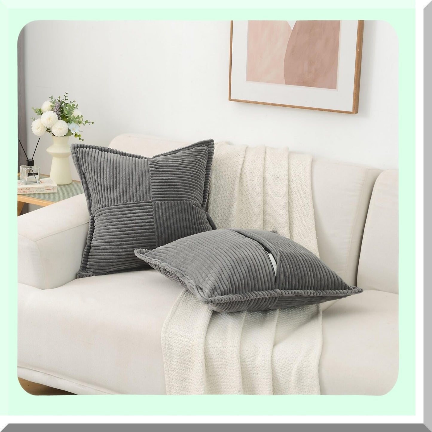 Cozy Corduroy Stripe Pillow Covers - Set of 2, 20x20 Inch Dark Grey Square Cushion Cases for Winter Home Decor - Soft & Stylish Bordered Design