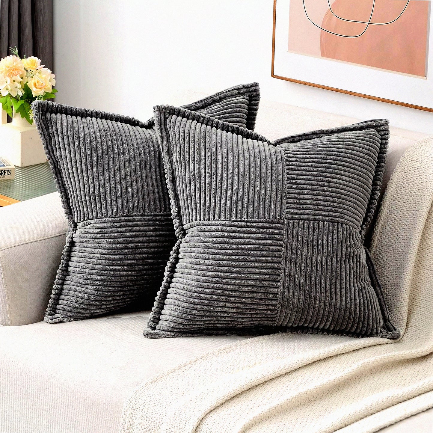 Cozy Corduroy Stripe Pillow Covers - Set of 2, 20x20 Inch Dark Grey Square Cushion Cases for Winter Home Decor - Soft & Stylish Bordered Design